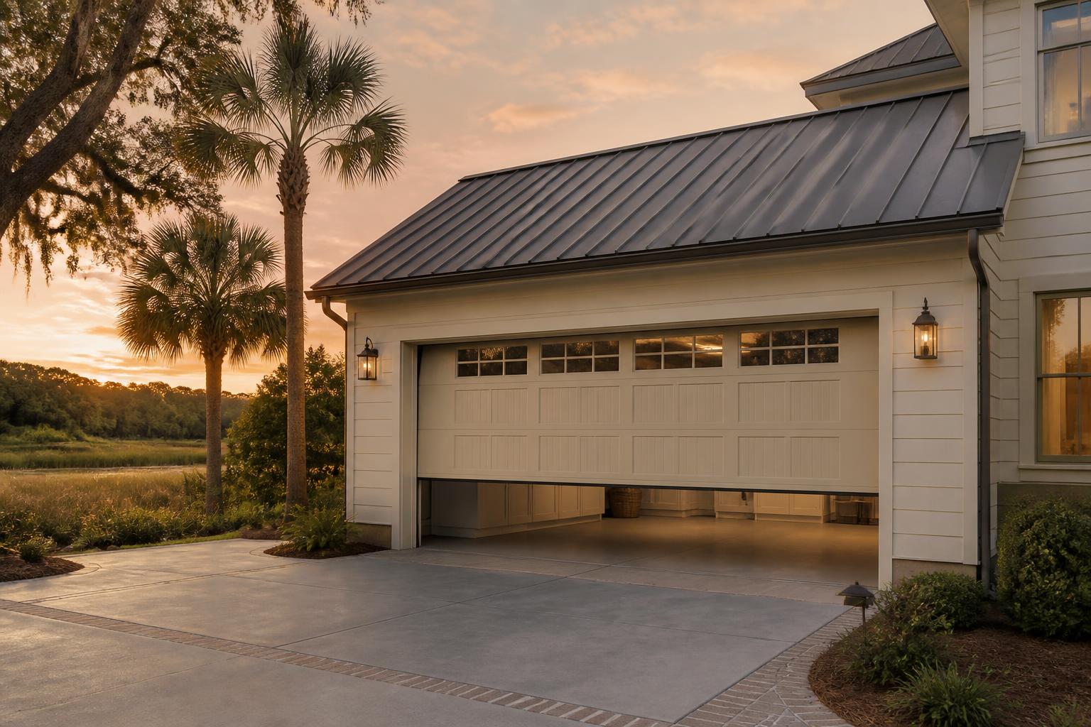 Coastal Blue Ridge home in Asheville, NC with a newly serviced carriage-style garage door at golden hour